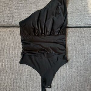 Express Silky Body Contour Compression Thong One Shoulder Bodysuit Top Black M